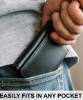 Person placing Top Grain Leather Trifold Wallet For Men With RFID Blocking into front pocket, showing slim, everyday carry fit.