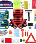 142-piece Roadside Assistance Emergency Kit for Cars with Upgraded Jumper Cables, tool kit, and safety accessories displayed