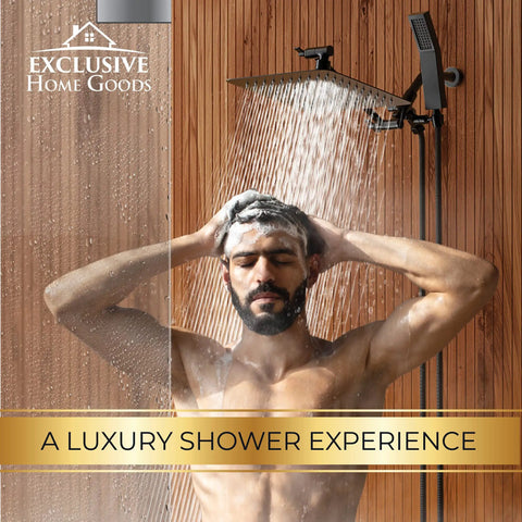 All Metal 8 Inch Dual Square Shower Head With Handheld Wand And 71 Inch Hose Set in use, spa-like shower experience