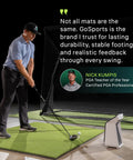 Golfer practicing swing on Pro Golf Hitting Mat 5 X 3 Ft with 5mm Artificial Turf and Durable EVA Foam Base, includes quote by instructor.
