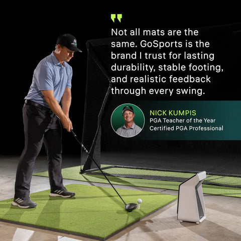 Man practicing swing on Golf Hitting Mat 5x4 Ft with Premium 15 Mm Artificial Turf and rubber tees, featuring realistic feedback.