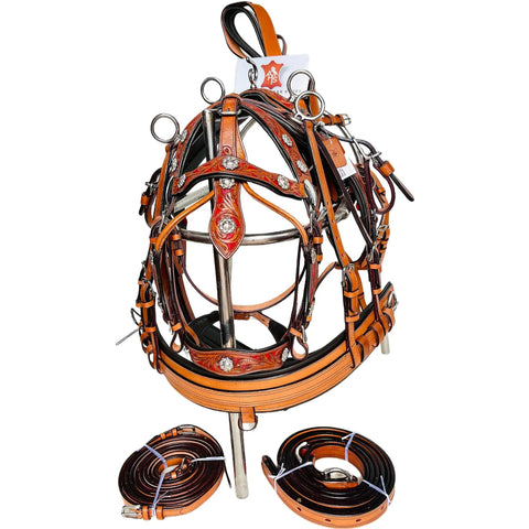 Three Tone Leather Horse Driving Harness For Single Horse Cart With Designer Conchos All Over Stainless Steel Hardware Shetland