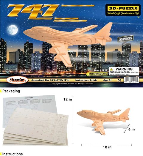 747 Jet Plane 3D Wood Puzzle Kit Build Paint And Display Your DIY Airplane Model packaging with size details