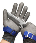 Stainless Steel Mesh Cut Resistant Glove ANSI A9 For Boss Level Kitchen Tasks Like Oyster Shucking Meat Cutting Mandoline Slicing Fishing And Food Prep Food Grade Full Hand Coverage Comfortable Fit Large Size 1 Pair with knife