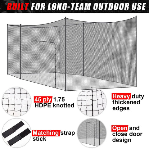 Heavy Duty Batting Cage Net For Backyard Practice Net Only, Portable Pitching Cage For Baseball Softball Cricket And Golf Hitting, Durable Barrier Screen With Corner Drawstrings, 20x10x10 Ft shown with thickened edges and open door design.
