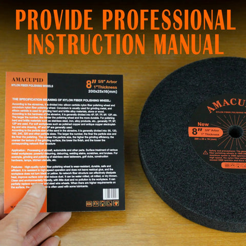 Heavy Duty 8 Inch Nylon Fiber Buffing Wheels Slick Metal Polishing Pads 180 Grit Bench Grinder Tank With 5/8 Inch Arbor close-up with instruction manual.