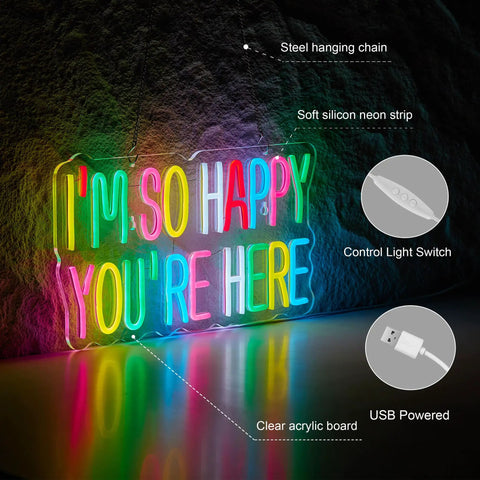 Slay All Day Pink Neon Sign For Wall Decor Dimmable USB Powered LED Light Neon Art On Clear Acrylic With Flexible Silicon Strips 17x13 Inches Perfect For Pub Store Man Cave Party Vibe in multicolor display reading 'I'm So Happy You're Here'