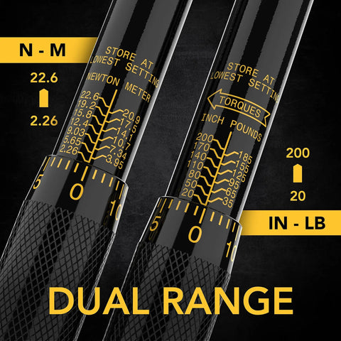 Dual range display of Pro Grade Inch Pound Torque Wrench One Quarter Inch Drive Twenty To Two Hundred InLb And Two Point Twenty Six To Twenty Two Point Six Nm Calibrated Tool With Traceable Serial Number And Certificate Built Tough For Auto And DIY.