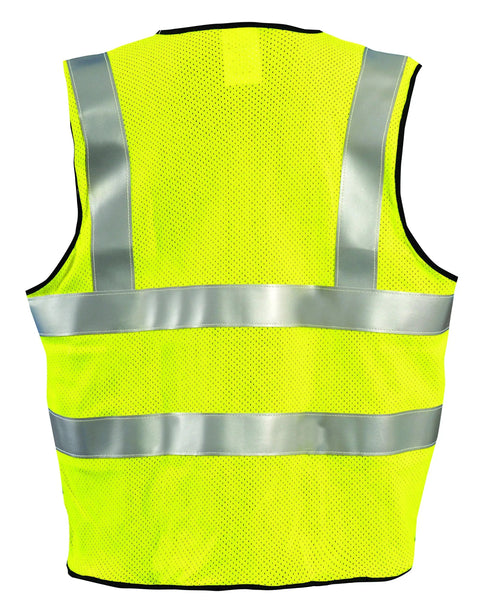 Back view of Flame Resistant Mesh Vest With Dual Stripe ANSI Class 2 Arc Rating ATPV 5.1 Cals Per Cm2 Modacrylic Fabric Yellow Medium