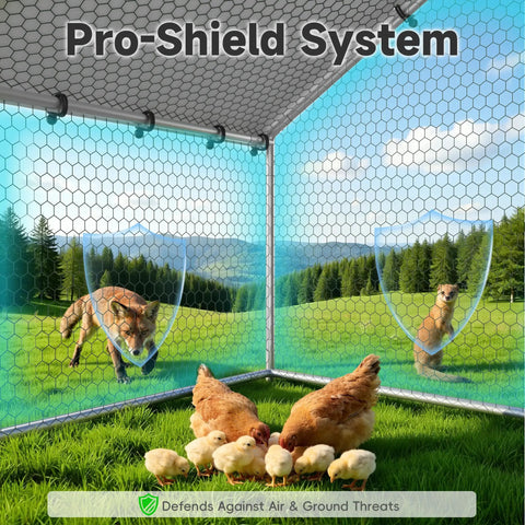 Heavy Duty Outdoor Metal Chicken Coop With Run And Waterproof UV Cover For Yard Walk In Poultry Cage With Roosting Perch Solid Weatherproof Rustproof Steel Frame For Hens, Ducks Or Rabbits Housing showing hex mesh wall and protective shielding against predators