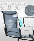 Set Of Two Padded Textilene Patio Dining Chairs With C Spring Rocker Action and Curved Armrests showing breathable mesh fabric.