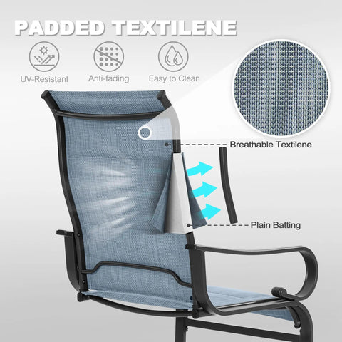 Set Of Two Padded Textilene Patio Dining Chairs With C Spring Rocker Action and Curved Armrests showing breathable mesh fabric.