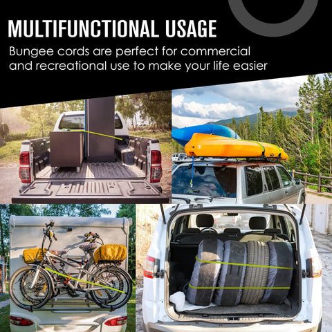 Heavy Duty 48 Inch Bungee Cords With Hooks 4 Pack securing various loads in trucks and SUVs for moving, hauling, outdoor gear