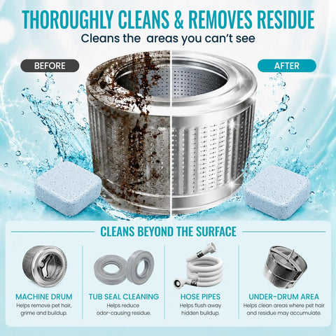 Before and after of a washing drum with Pet Owner Friendly Washing Machine Cleaner Tablets 24 Pack With Enzyme Based Formula.