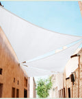 White Sun Shade Sail 24 By 24 By 33.9 Feet Right Triangle Shade With UPF 50 UV Block 200GSM HDPE installed in alleyway