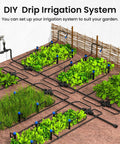 230 Foot Quick Connect Drip Irrigation Kit with garden setup, showing tubing and adjustable nozzles in green vegetable patch.