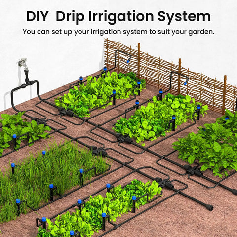 230 Foot Quick Connect Drip Irrigation Kit with garden setup, showing tubing and adjustable nozzles in green vegetable patch.