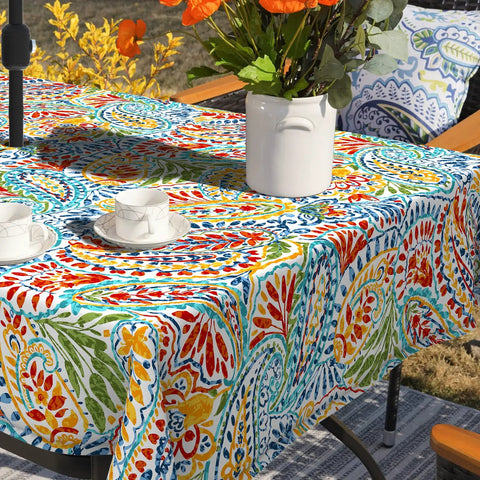 Outdoor Rectangle Tablecloth With Umbrella Hole And Zipper Water Repellent And Fade Resistant 60 By 84 Inch Paisley Multi Oblong Table Cover