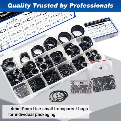 External Retaining Ring Kit Set All In One 1095 Piece Circlip Snap Ring Assortment in black alloy steel from M4 to M28.