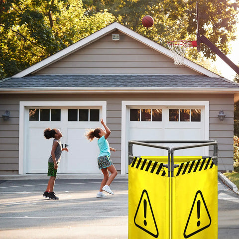 Caution Symbol Foldable Safety Barricade With High Visibility Red Panels, 3 Foot Lightweight Portable Barrier near a basketball hoop