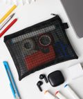 Black Nylon Mesh Zipper Pouches Set Of Five See Through Travel Organizer Bags with office supplies visible