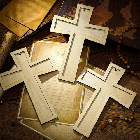 24 Pcs Unfinished Wooden Crosses For Crafts 8.9 By 6.5 Inch Large Blank Crosses displayed on a wooden table with string