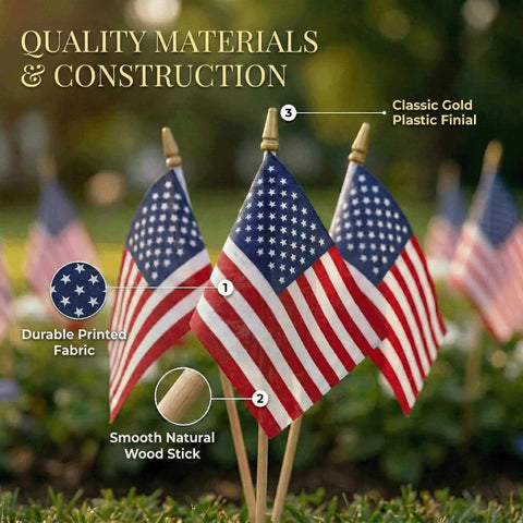 Bulk 100 Pack Handheld American Flags On Sticks 4x6 Inches for Memorial Day and Fourth of July made with durable fabric and gold finials.