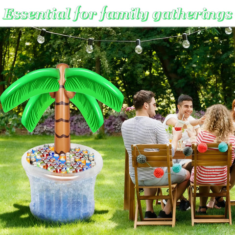 Set Of 2 Inflatable 60 Inch Palm Tree Coolers For Pool Parties Tropical Hawaiian Theme Beverage Floats Beach Party Decor Summer Outdoor Fun Chill And Sip Cooler Accessories positioned near a dining table during a family gathering.