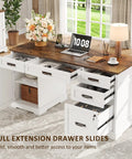 55 Inch Farmhouse Style Computer Desk With Drawers And File Cabinet Built In USB Charging Station White Finish Two Look Black Handle Hardware Cable Management Hole Spacious All In One Home Office Desk with drawers open