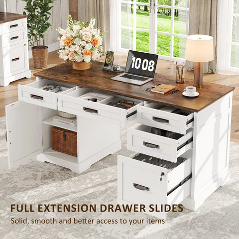 55 Inch Farmhouse Style Computer Desk With Drawers And File Cabinet Built In USB Charging Station White Finish Two Look Black Handle Hardware Cable Management Hole Spacious All In One Home Office Desk with drawers open