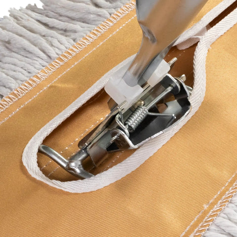 Close-up of the Workhorse Commercial Dust Mop 48 Inch aluminum handle attachment for easy cotton head replacement.