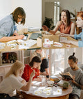 Collage of people using Gold Desk Accessories Set with Acrylic Stapler, Staple Remover, Tape Holder, and more for home office setup