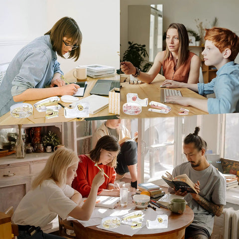 Collage of people using Gold Desk Accessories Set with Acrylic Stapler, Staple Remover, Tape Holder, and more for home office setup