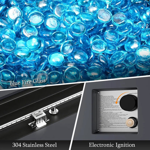 Close-up of blue glass rocks and controls of 56 Inch Outdoor Propane Fire Pit Table With 50000 BTU Power For Patios