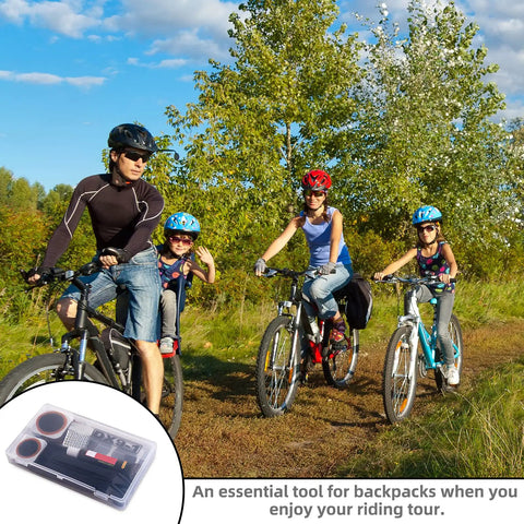 Family biking on trail with Tire Repair Kit For Bikes And Motorized Rides With Glueless Patches And Vulcanizing Patches visible