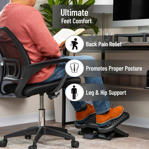 Person using Under Desk Foot Rest For Ergonomic Comfort, Height Adjustable From 3.25 To 6.25 Inches, Massage Textured Surface