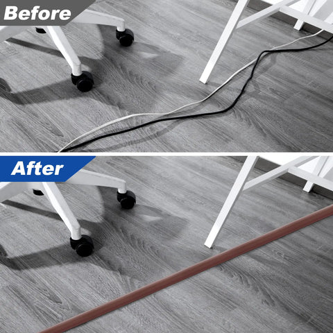 Before and after image of 4 Ft Floor Cord Cover Brown Cord Hider for home office, concealing cords under white desk and chairs.