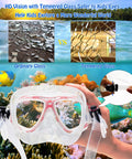 Kid Friendly Snorkel Set With Dry Top Snorkel, tempered glass goggles, and underwater view featuring ocean reef for Ages 5 to 14