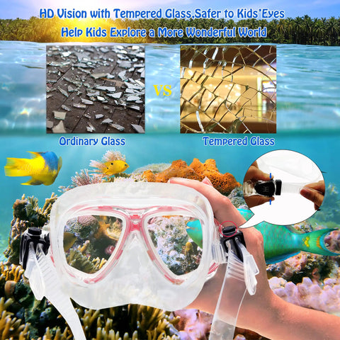 Kid Friendly Snorkel Set With Dry Top Snorkel, tempered glass goggles, and underwater view featuring ocean reef for Ages 5 to 14