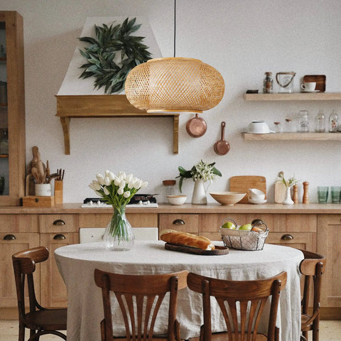 Basket Weave Bamboo Pendant Light With Natural Rattan Shade, 15 Inch Single Bulb Chandelier For Kitchen Island Or Nursery