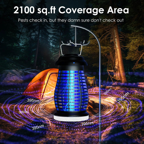 Cordless Mosquito Zapper For Outdoor And Indoor Use With 4200V High Voltage 4800mAh Rechargeable Battery Camping Light Portable Gnat Killer For Patio Kitchen Backyard And Garden shown at night in a campsite setup.