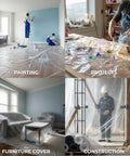 Collage showing the 24 Pack 12x9 Foot Drop Cloths in use for painting, projects, furniture cover, and construction protection.