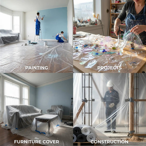 Collage showing the 24 Pack 12x9 Foot Drop Cloths in use for painting, projects, furniture cover, and construction protection.