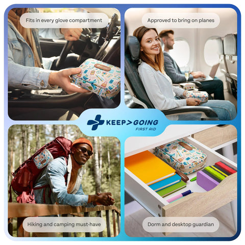 KeepGoing Travel First Aid Kit by Amazon, patterned fabric case, TSA-approved, compact for car, plane, and hiking.