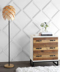63 Inch Natural And Black Pinecone Wood And Metal LED Floor Lamp For Living Room With Dope Contemporary Scandinavian Organic Design UL Listed LED Bulb Included Easy Assembly Model JYL6124A next to a wooden chest
