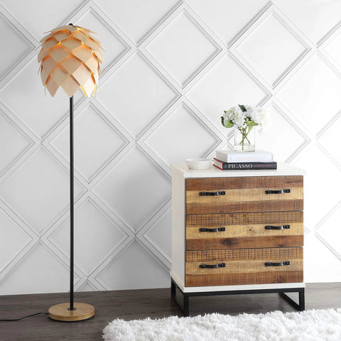 63 Inch Natural And Black Pinecone Wood And Metal LED Floor Lamp For Living Room With Dope Contemporary Scandinavian Organic Design UL Listed LED Bulb Included Easy Assembly Model JYL6124A next to a wooden chest
