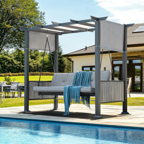 2 In 1 Convertible Porch Swing Bed For Three With Wicker Armrests And Adjustable Canopy by poolside