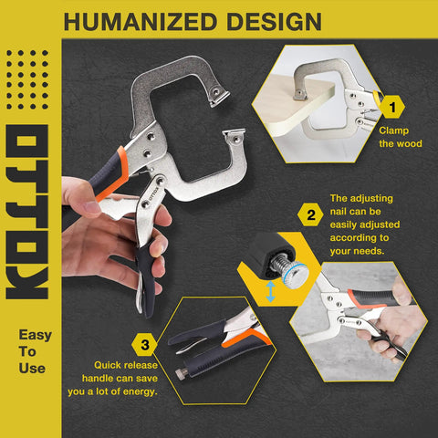 Diagram of Heavy Duty Locking C-Clamp Set 6, 9, 11 Inch with swivel tips, showing grip adjustment and usage for woodworking and more.