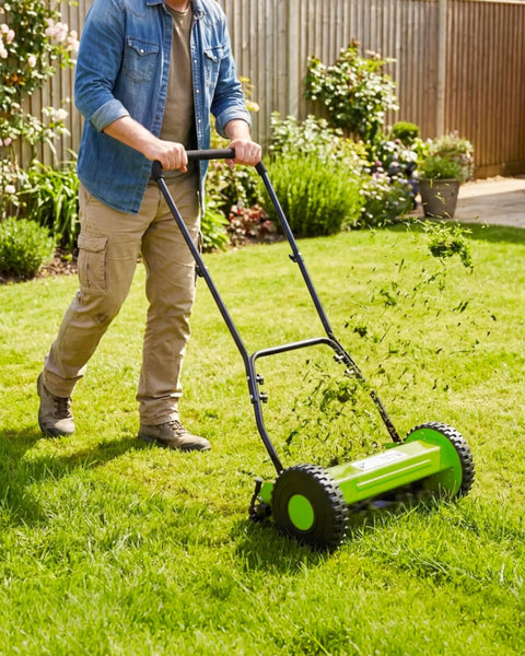 Push Reel Lawn Mower 16 Inch With 5 Blade Reel For Clean Scissor Like Cuts No Fuss Adjustable Cutting Height Walk Behind Mower For Small Yards Compact Manual Grass Cutter Green Finish For Eco Friendly Yard Care. Man mowing grass in backyard