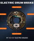 Inside view of 10 x 2-1/4 in electric trailer brake assembly; shows brake shoes, backing plate, electromagnet.
